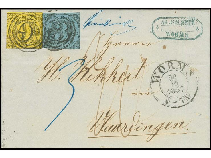 3 Kr. auf blau und 9 Kr. auf braungelb mit Nummernstempel "163" und nebengesetztem DKr. "WORMS 30 10 1857" auf Faltbriefhülle