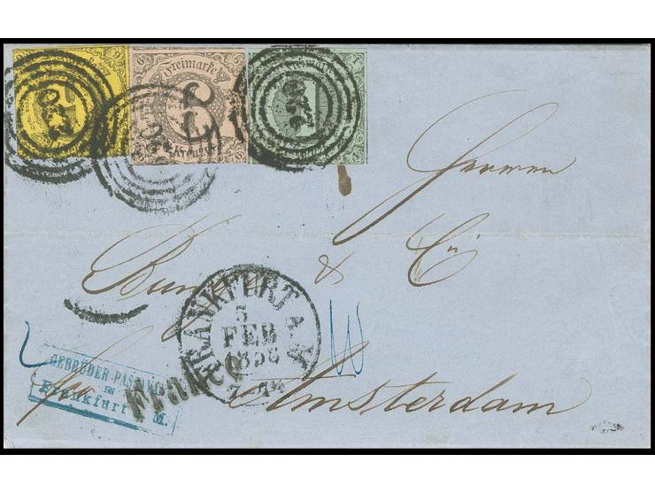  1 Kr. auf olivgrau, 6 Kr. auf graurot sowie 9 Kr. auf braungelb mit Nummernstempel "220" und nebengesetztem EKr. "FRANKFURT 