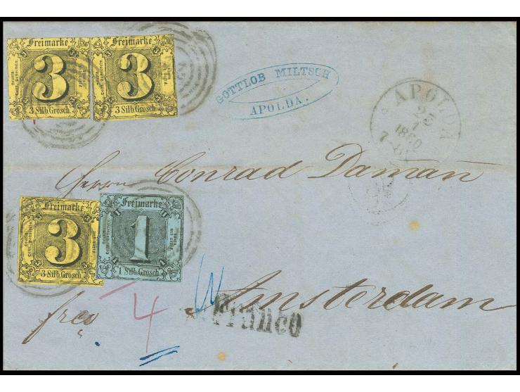 1 Sgr. auf blau und 3 Werte 3 Sgr. auf braungelb mit Nummernstempel "221" und nebengesetztem EKr. "APOLDA 25 1 1860" auf Brie