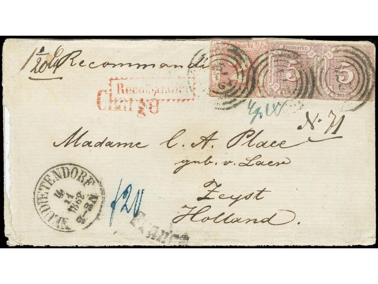 2 Sgr. rosarot und zwei Werte 5 Sgr. braunpurpur mit Nummernstempel "274" und nebengesetztem EKr. "NEUDIETENDORF 4 11 1862" a