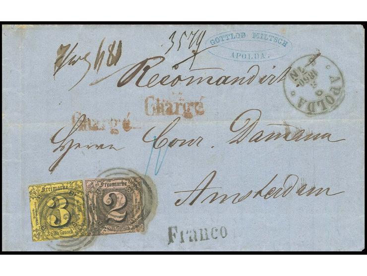 2 Sgr. auf graurot und 3 Sgr. auf braungelb mit Nummernstempel "221" und nebengesetztem EKr. "APOLDA 9 3" auf eingeschriebene