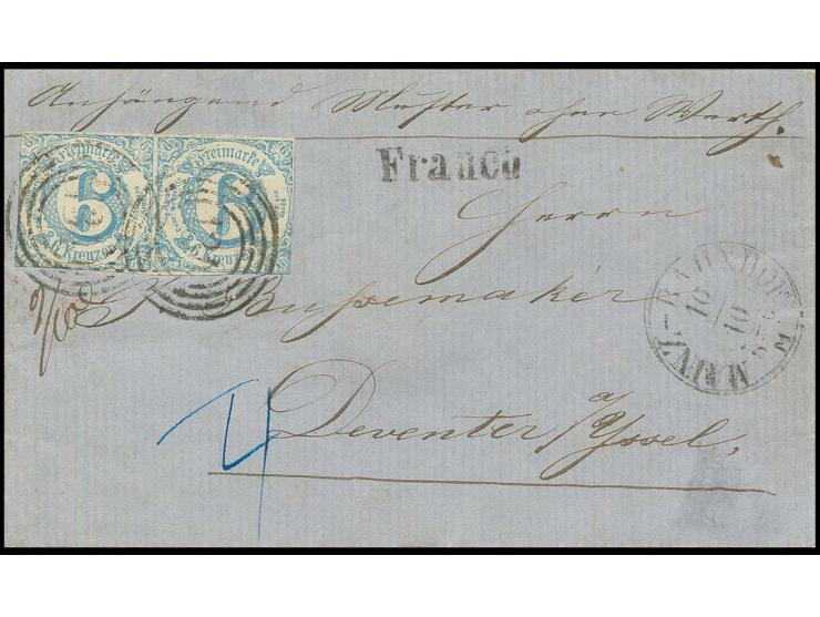 6 Kr. hellblau im waagerechten Paar mit Nummernstempel "134" und nebengesetztem EKr. "MAINZ-BAHNHOF 10 10" auf "Muster ohne W