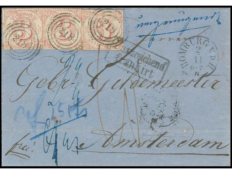 3 Kr. karminrot, drei Einzelwerte mit Nummernstempel "218" und nebengesetztem EKr. "HOMBURG v.d.H. 2 11" auf unzureichend fra