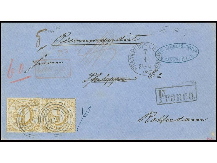 9 Kr. im waagerechten Paar mit Nummernstempel "220" und nebengesetztem EKr. "FRANKFURT BAHNHOF 7 1" auf eingeschriebenem Brie