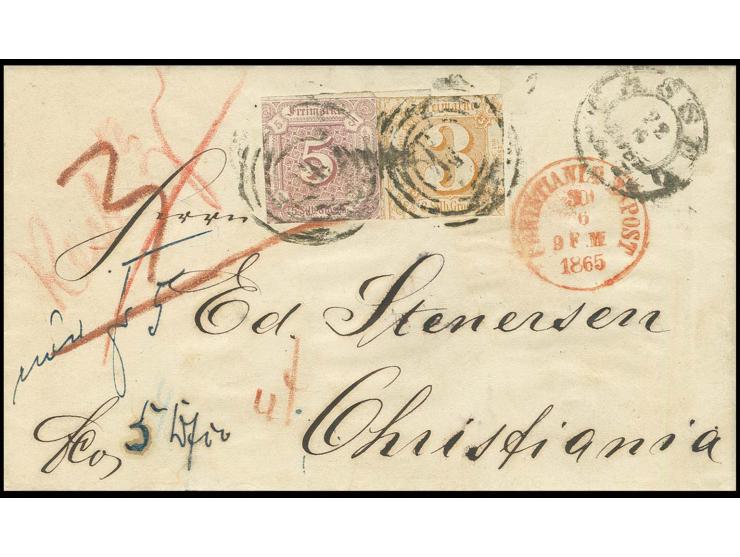 3 Sgr.braunrot und 5 Sgr. braunpurpur mit Nummernstempel "14" und nebengesetztem DKr. "CASSEL 22.6" auf Faltbriefhülle nach C