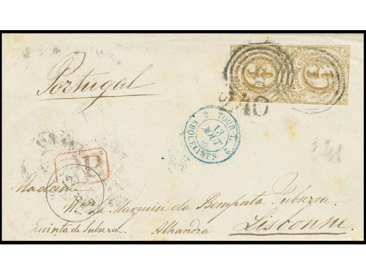 PORTUGAL: 9 Kr. braunocker im senkrechten Paar mit Nummernstempel "175" und nebengesetztem EKr. "BAD EMS 12 8" auf Brief via 