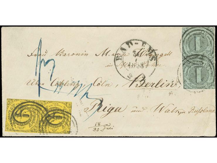 1 Kr. auf olivgrau und 9 Kr. auf braungelb jeweils im waagerechten Paar mit Nummernstempel "175" und nebengesetztem DKr. "BAD