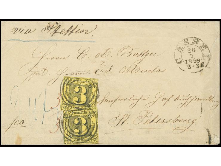 RUSSLAND: 3 Sgr. auf braungelb, zwei Werte mit Nummernstempel "14" und nebengesetztem DKr. "CASSEL 26 7 1859" auf Brief via S