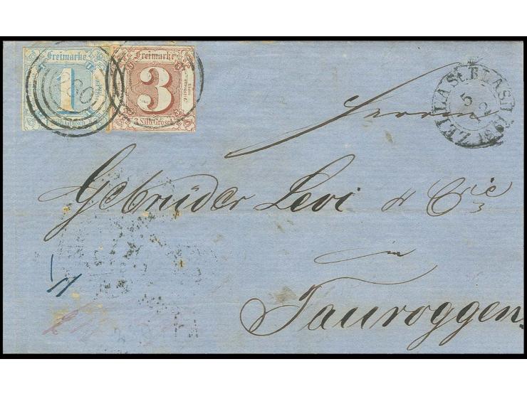 1 Sgr. blau und 3 Sgr. braunrot mit Nummernstempel "280" und nebengesetztem DKr. "ZELLA ST. BLASIE 5 12" auf Faltbriefhülle n