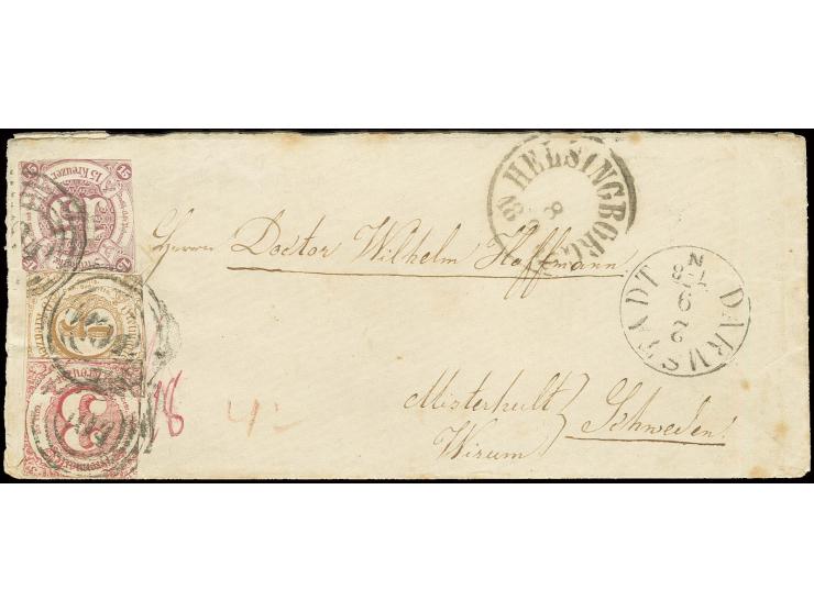 SCHWEDEN: 15 Kr. braunpurpur und 1862, 3 Kr. karminrot und 9 Kr. ockerbraun mit Nummernstempel "104" und nebengesetztem EKr. 