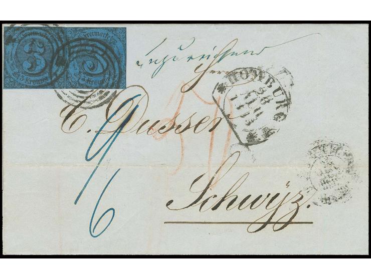 3 Kr. auf blau zwei Einzelwerte mit Nummernstempel "218" und nebengesetztem Steigbügelstempel "HOMBURG 26 AUG" auf unzureiche