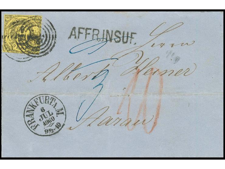 9 Kr. auf braungelb mit Nummernstempel "220" und nebengesetztem EKr. "FRANKFURT a.M. 6 JUL 1860" auf unzureichend frankierter