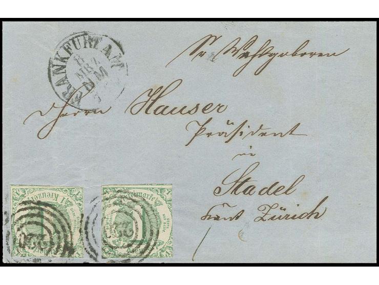 1 Kr. grün, zwei Einzelwerte mit Nummernstempel "220" und nebengesetztem EKr. "FRANKFURT 8 MRZ" auf Streifband nach Stadel, b
