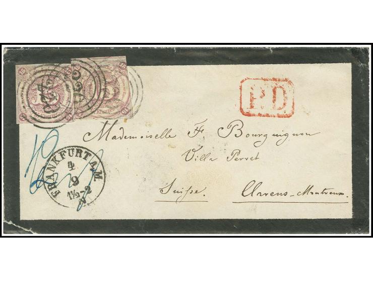 15 Kr. braunpurpur, zwei Werte mit Nummernstempel "220" und nebengesetztem EKr. "FRANKFURT 4 9" auf Trauercouvert der 2. Gewi