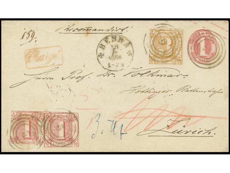 1 Sgr. karminrot, zwei Einzelwerte, und 3 Sgr. ockerbraun als Zufrankatur mit Stempel "5" und nebengesetztem EKr. "BEBRA 19 4