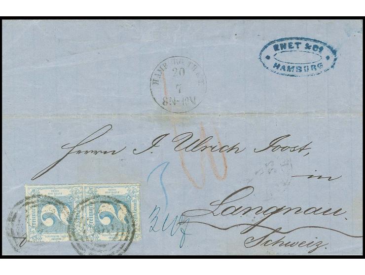 2 Sgr. blau im senkrechten Paar mit Nummernstempel "300" und nebengesetztem EKr. "HAMBURG TH&TT" 20 7" auf Faltbriefhülle nac