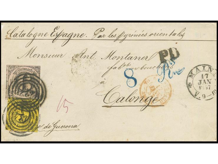 SPANIEN: 6 Kr. auf graurot und 9 Kr. auf braungelb mit Nummernstempel "134" und nebengesetztem DKr. "MAINZ 17 JAN 1857" auf B