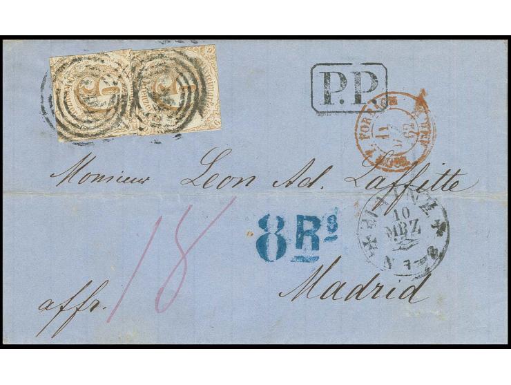 9 Kr. ockerbraun, zwei Einzelwerte mit Nummernstempel "134" und nebengesetztem EKr. "MAINZ 10 MRZ" auf Faltbriefhülle nach Ma