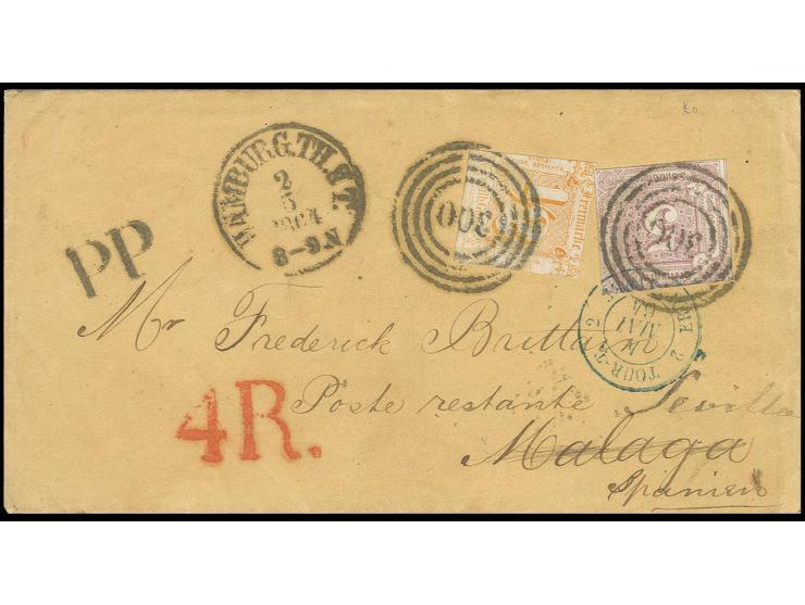 5 Sgr. braunpurpur und 1862, ½ Sgr. orange mit Nummernstempel "300" und nebengesetztem EKr. "HAMBURG TH&T 2 5 1864" auf Brief