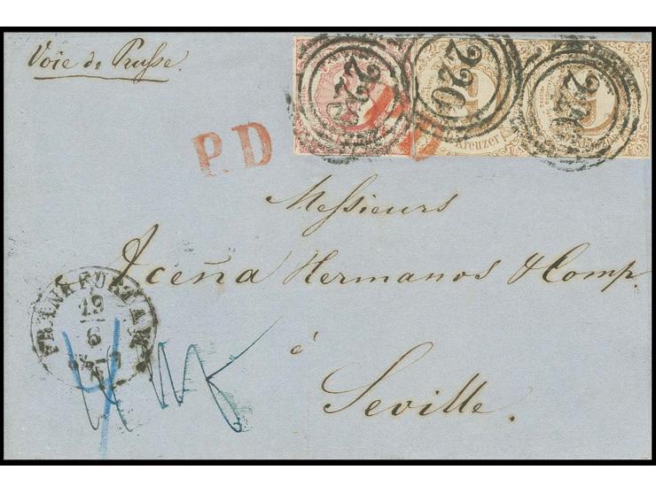 3 Kr. karminrot und 9 Kr. ockerbraun im waagerechten Paar mit Nummernstempel "220" und nebengesetztem EKr. "FRANKFURT a.M 19 