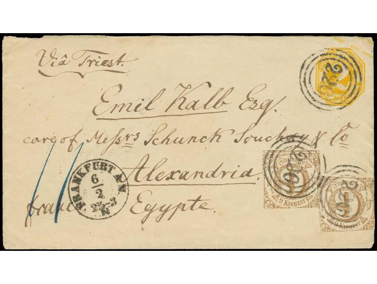 ÄGYPTEN: 9 Kr. ockerbraun, zwei Werte mit Nummernstempel "220" und nebengesetztem EKr. "FRANKFURT 6 2" als Zufrankatur auf Ga