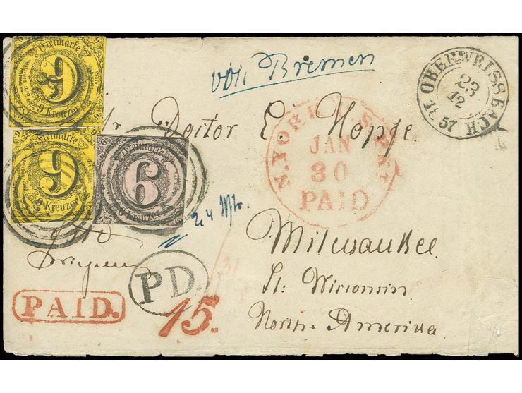 6 Kr. auf graurot und zwei Einzelwerte 9 Kr. auf gelbbraun mit Nummernstempel "287" und nebengesetztem DKr. "OBERWEISBACH 23 