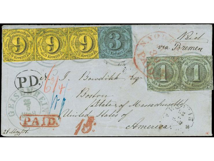 1 Kr. auf olivgrau im waagerechten Paar, 3 Kr. auf blau und 9 Kr. auf braungelb im waagerechten Dreierstreifen mit blauem Num