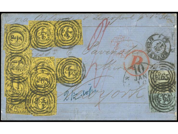  1 Kr. auf olivgrau, 3 Kr. auf blau und 10 Einzelwerte 9 Kr. auf gelbbraun mit Nummernstempel "265" und nebengesetztem DKr. "