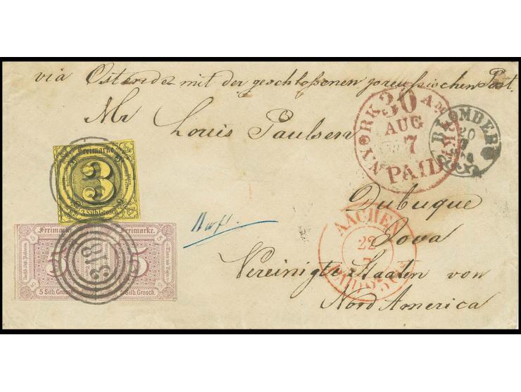 3 Sgr. auf braungelb und 1859, 5 Sgr. braunpurpur, zwei Einzelwerte, mit Nummernstempel "318" und nebengesetztem EKr. "BLOMBE