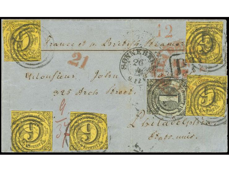 1 Kr. auf olivgrau und fünf Einzelwerte 9 Kr. auf braungelb mit Nummernstempel "265" und nebengesetztem DKr. "SONNEBERG 26 4"