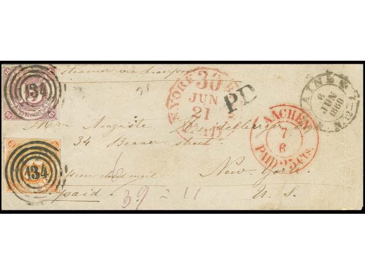 15 Kr. braunpurpur und 30 Kr. orange mit jeweils sauberem Nummernstempel "134"  und nebengesetztem DKr. "MAINZ 6 JUN 1860" au