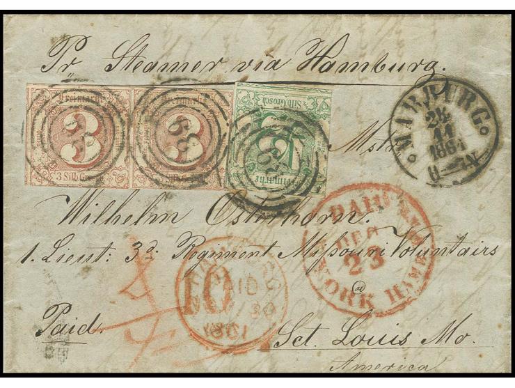 ½ Sgr. grün und zwei Einzelwerte 3 Sgr. braunrot mit Nummernstempel "39" und nebengesetztem EKr. "MARBUG 24 11 1861" auf Falt