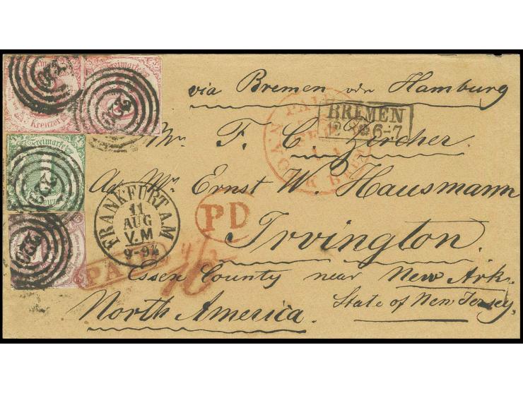  1 Kr. grün und 15 Kr. braunpurpur und 1862, 3 Kr. karminrot im waagerechten Paar mit Nummernstempel "220" und nebengesetztem