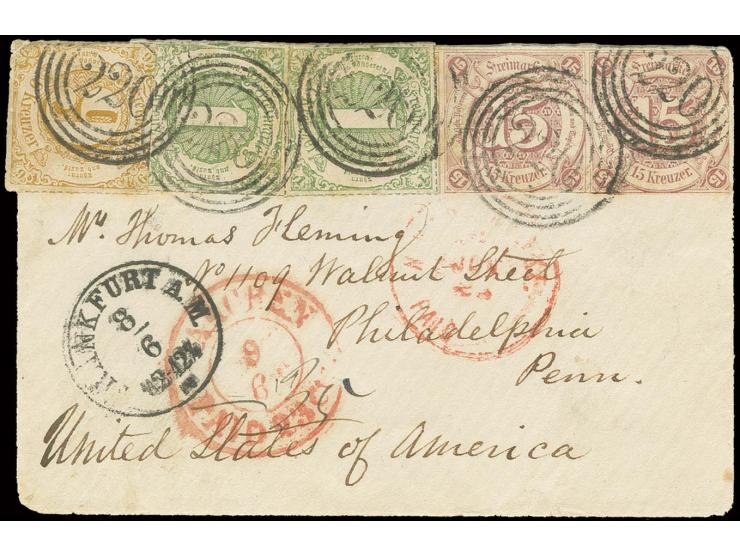 15 Kreuzer braunpurpur im waagerechten Paar mit farbig durchstochen 1 Kr. grün, zwei Einzelwerte, und 9 Kr. ockerbraun mit Nu