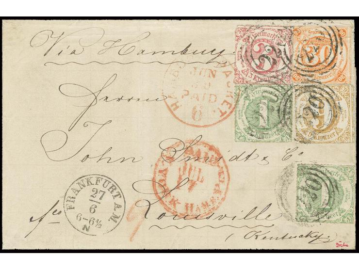30 Kr. orange und farblos durchstochen 1 Kr. grün, zwei Einzelwerte, 3 Kr. karminrot und 9 Kr. braunocker mit Nummernstempel 