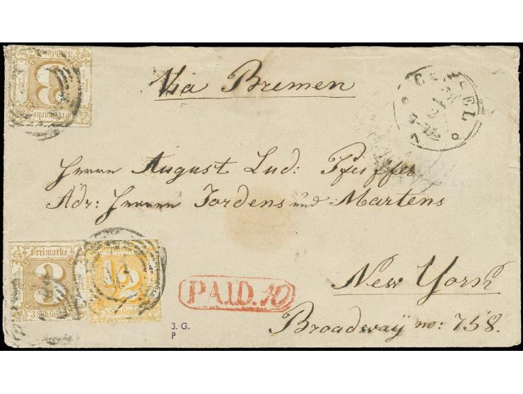½ Sgr. orange und zwei Einzelwerte 3 Sgr. mittelbraunocker mit Nummernstempel "14" und nebengesetztem EKr. "CASSEL 28 2" auf 