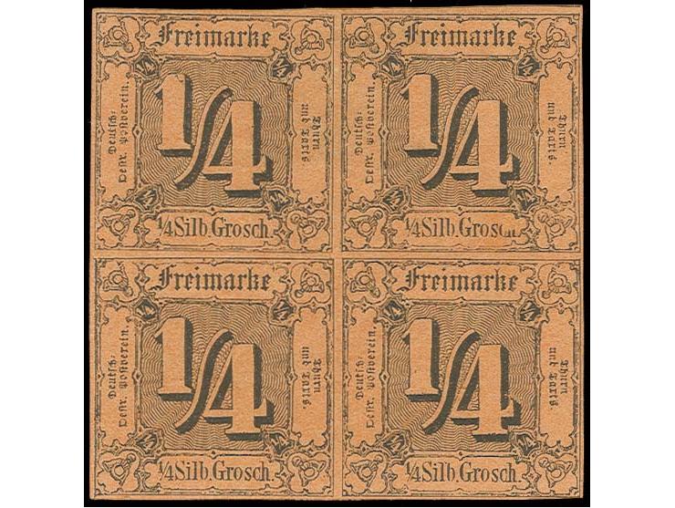 1852, ¼ Sgr. auf braunorange im 4er-Block, voll- bis überrandig und farbfrisch, ungebraucht mit Originalgummi, ein Wert klein