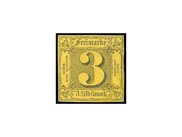 3 Sgr. auf gelb, voll- bis breitrandig und farbfrisch, ungebraucht mit Restgummi (teils etwas durchschlagend), Pracht, sign. 