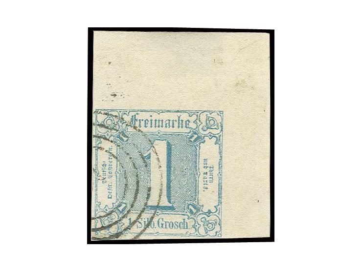 1859/61, 1 Sgr. blau, farbfrische und allseits breitrandige rechte obere Bogenecke mit 8 bzw. 13 mm Bogenrändern, leicht und 