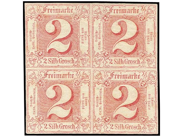 2 Sgr. dunkelrosarot im 4er-Block, allseits vollrandig und farbfrisch, ungebraucht mit Originalgummi, an einer Stelle ganz mi