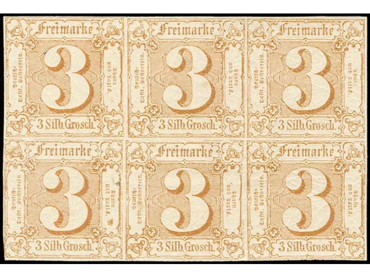 1862, 3 Sgr. hellbraun im waagerechten 6er-Block, links unten minimal berührt, sonst allseits voll- bis breitrandig und farbf