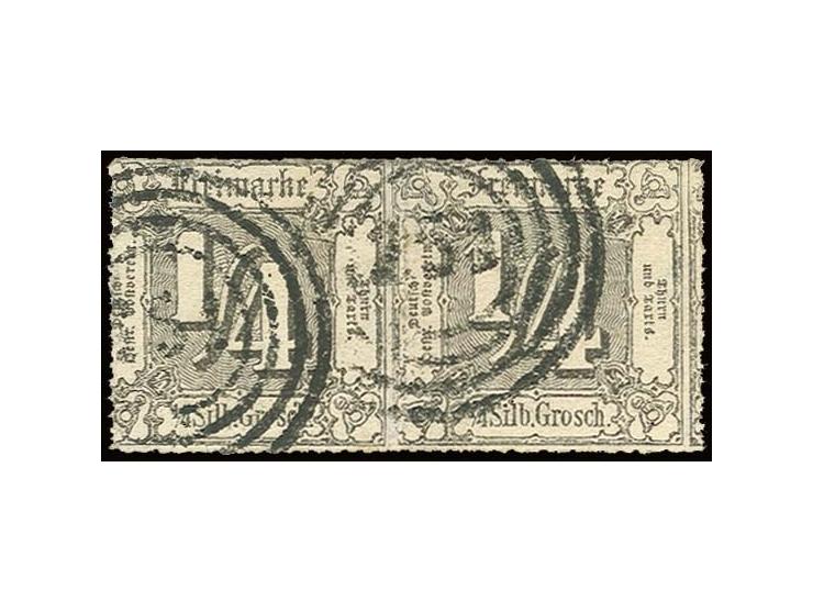 1865, farblos durchstochen: ¼ Sgr. schwarz im waagerechten Paar mit vollständigem Durchstich, gestempelt "251" WEIMAR, Kabine