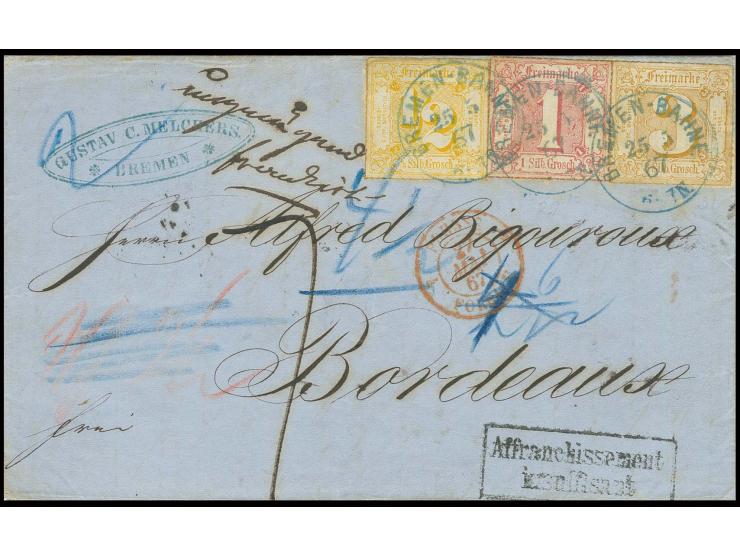 ½ Sgr. orange, 1 Sgr. karmin und 3 Sgr. ocker mit blauem EKr. "BREMEN BAHNF. 25 5 67" auf Briefhülle nach Bordeaux; da der di
