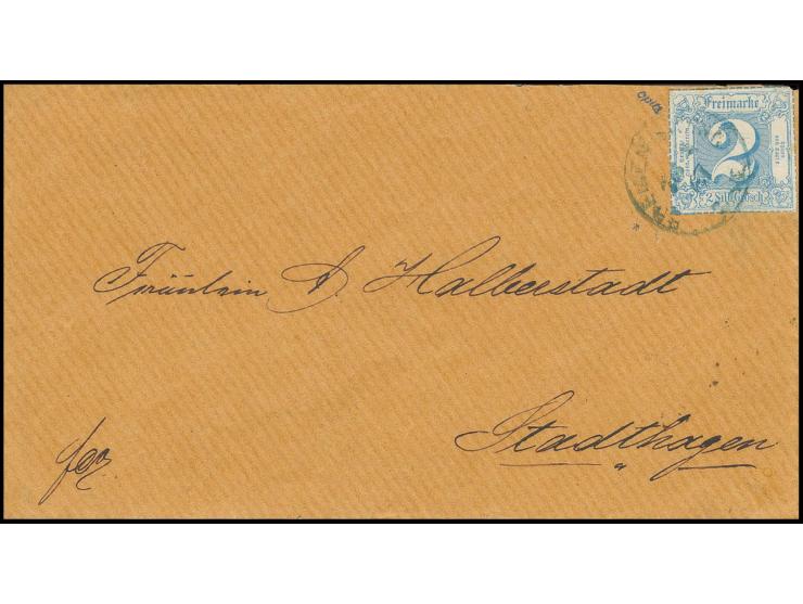 2 Sgr. blau, farbfrisch und allseits tadellos durchstochen mit blauem EKr. "BREMEN BAHNF. 26/4 67" auf Briefumschlag nach Sta