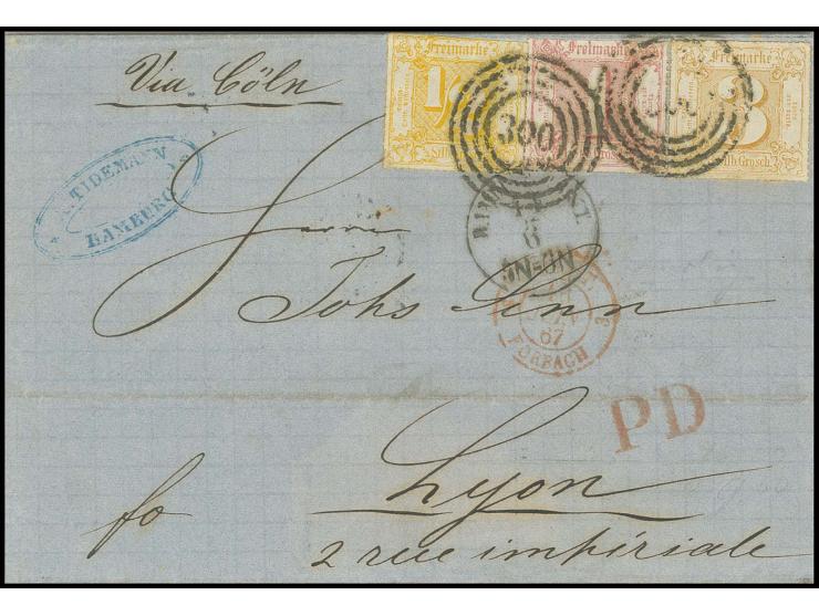 3 Sgr. ocker, ½ Sgr. gelborange und 1 Sgr. karminrot mit Nr. "300" und nebengesetztem EKr. "HAMBURG TH. & T. 14/6" (1867) auf