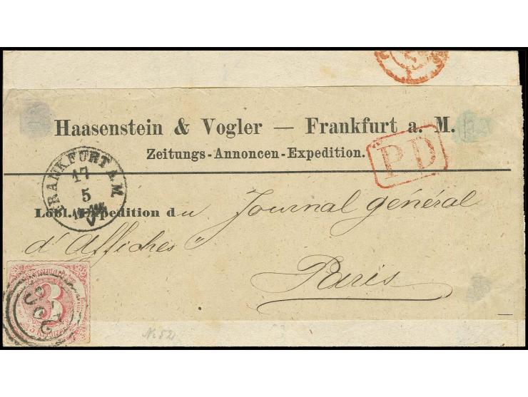 3 Kr. rosa, farbfrisch und einwandfrei durchstochen mit Nr. "220" auf vollständiger Drucksache mit aufgesiegelter Streifbanda