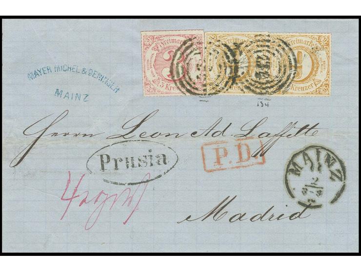 3 Kr. rosa und 9 Kr. braun im waagerechten Paar, alle farbfrisch und tadellos durchstochen mit Nr. "134" auf Briefhülle von "