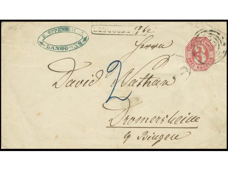 "LANGGÖNS", Postablage-Ra. mit handschriftlichem Datum "18 1 62" auf Ganzsachenumschlag 3 Kr. rosa, in Gießen entwertet mit N