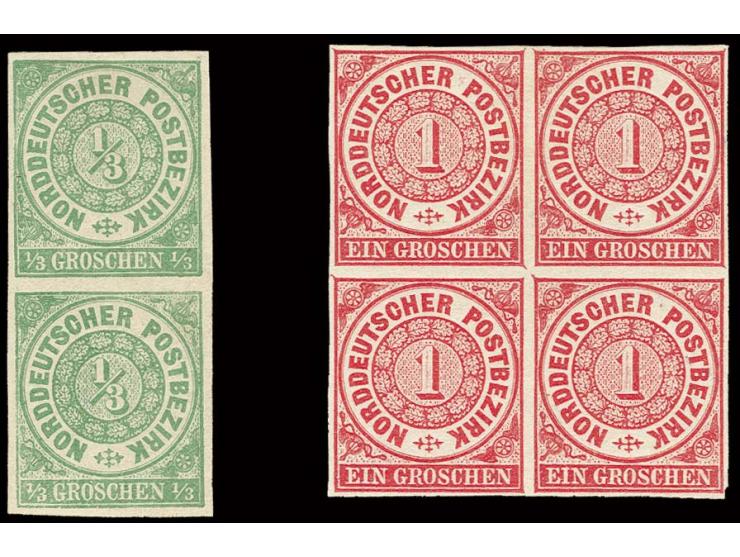 1868, durchstochen: 1/3 Gr. grün im senkrechten Paar und 1 Gr. karmin im 4er-Block, je voll- bis breitrandig undurchstochen, 