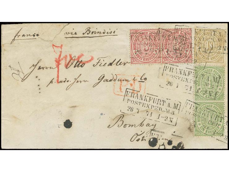 18 Kr. ockerbraun in Mischfrankatur mit gezähnter Ausgabe 1 Kr. grün und 3 Kr. karmin, je im Paar, mit Ra3 "FRANKFURT A.M. PO